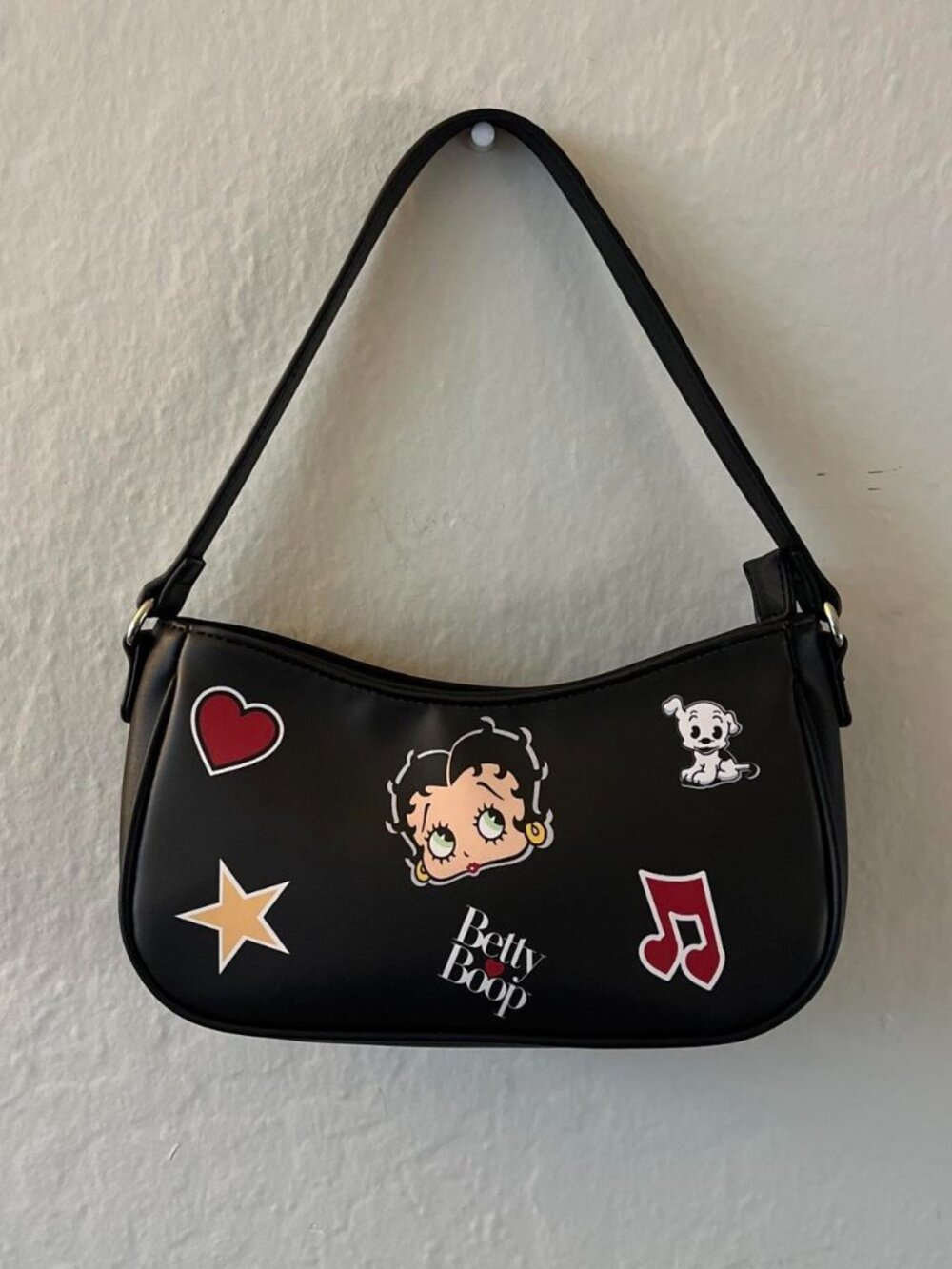 Betty Boop Black Vegan Leather Shoulder Bag Heart Star Music Note Patches
